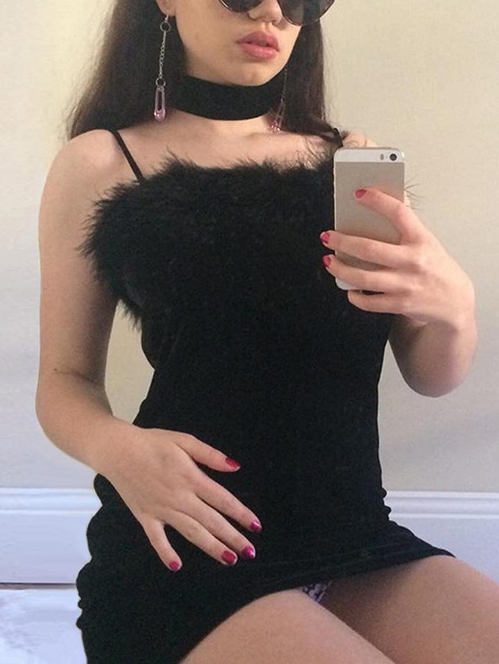 Choies Black Velvet Spaghetti Strap Fluffy Trim Mini Dress