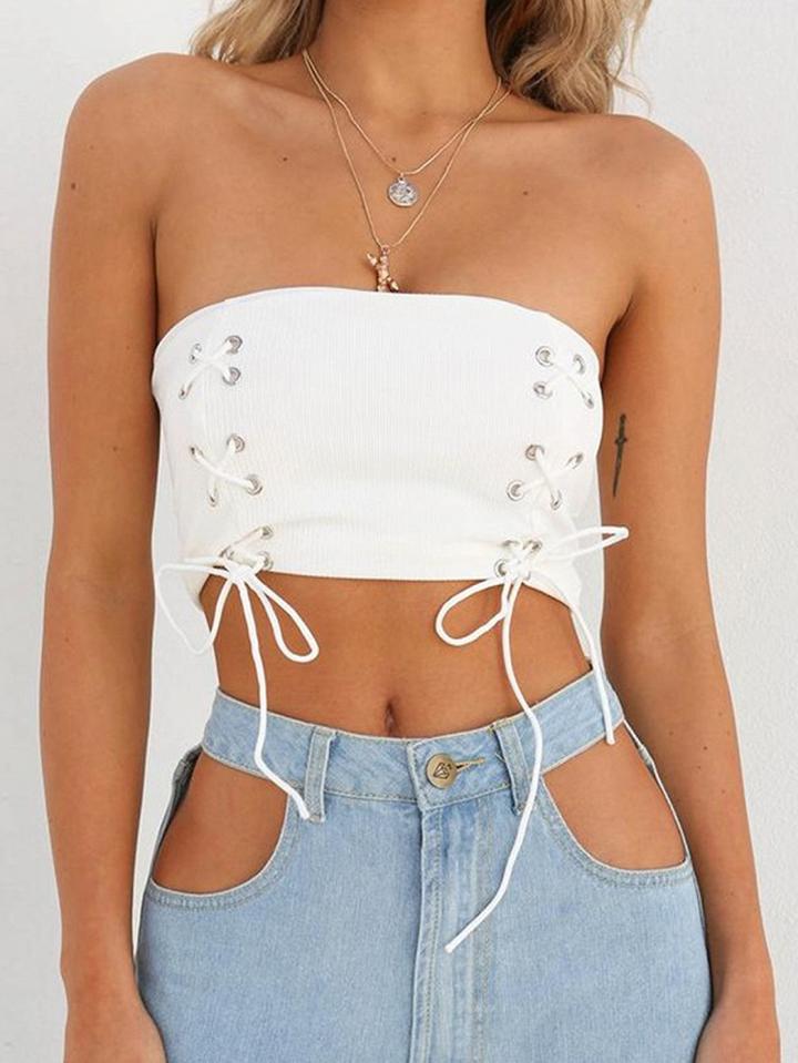 Choies White Cotton Blend Bandeau Eyelet Lace Up Chic Women Crop Top