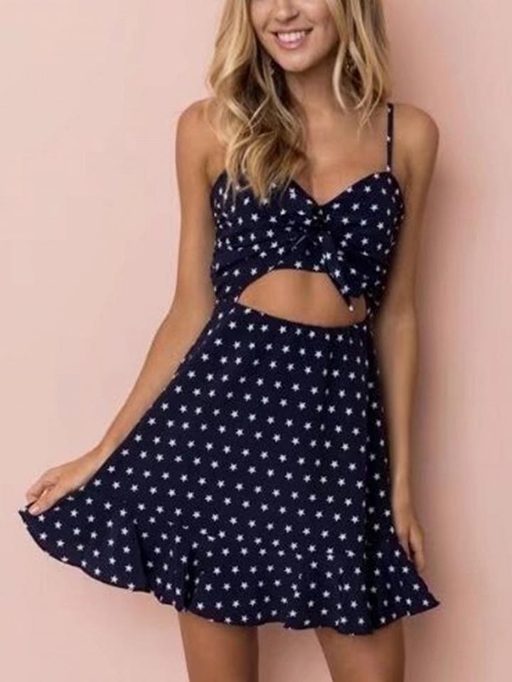 Choies Dark Blue Spaghetti Strap Knot Front Star Print Mini Dress