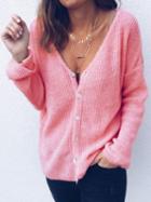 Choies Pink V-neck Button Placket Front Long Sleeve Knit Cardigan