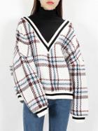 Choies White Plaid Contrast High Neck Long Sleeve Knit Sweater