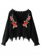 Choies Black V-neck Floral Embroidery Raw Trim Knit Sweater