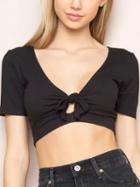 Choies Black Plunge V-neck Knot Front Short Sleeve Cropped Ribbed T-shirt