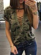 Choies Green Camo Plunge Lace-up Front Short Sleeve T-shirt