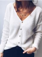 Choies White V-neck Button Placket Front Long Sleeve Knit Cardigan