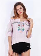 Choies Pink Off Shoulder Embroidery Floral Ruffle Trim Tie Front Blouse
