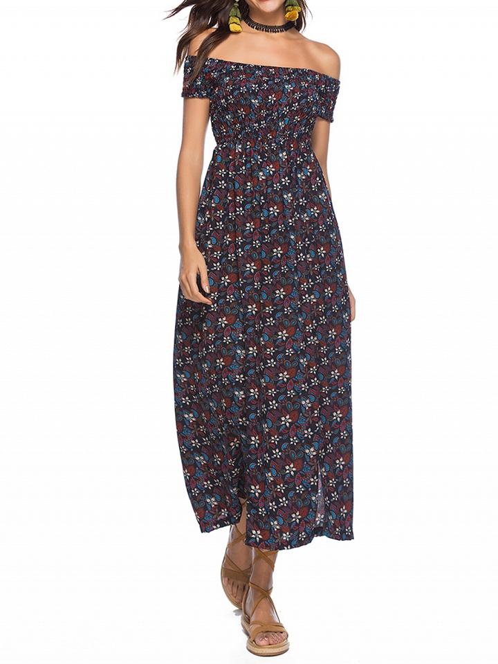 Choies Blue Off Shoulder Floral Print Thigh Split Maxi Dress