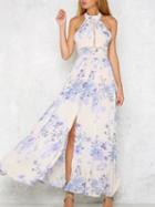 Choies Polychrome Halter Floral Backless Tie Back Side Split Maxi Dress