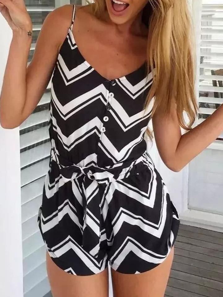 Choies Black Chevron Pattern Spaghetti Strap Tie Waist V-neck Romper Playsuit