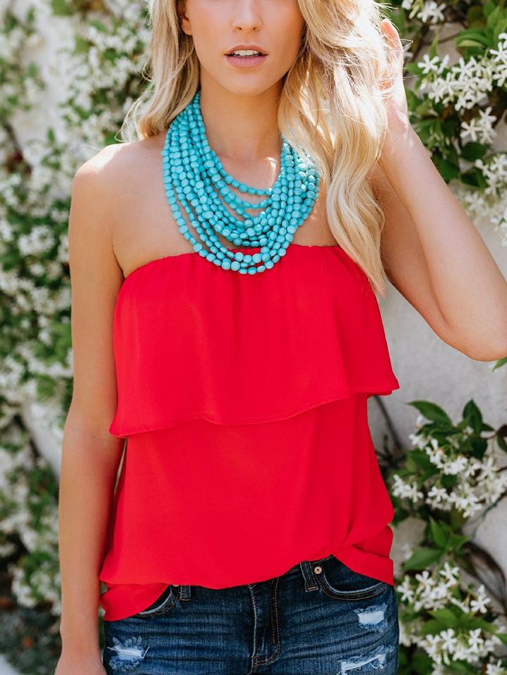 Choies Red Chiffon Bandeau Ruffle Trim Chic Women Blouse