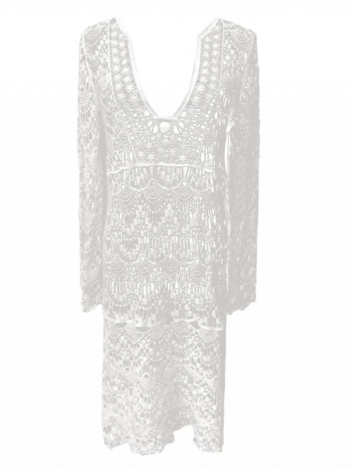 Choies Beige Plunge Crochet Lace Long Sleeve Beach Dress