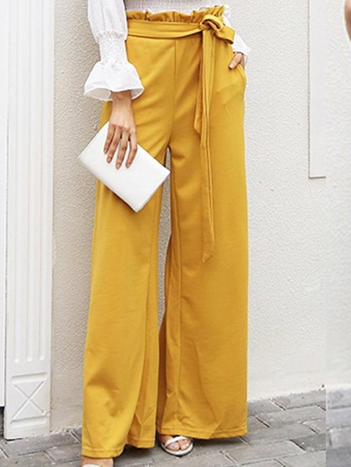Choies Yellow Cotton Blend High Waist Frill Trim Chic Women Wide Leg Pants