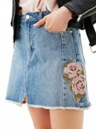 Choies Blue High Waist Embroidery Rose Denim Mini Skirt