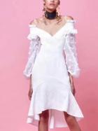 Choies White V-neck Frill Trim Sheer Sleeve Pephem Dress