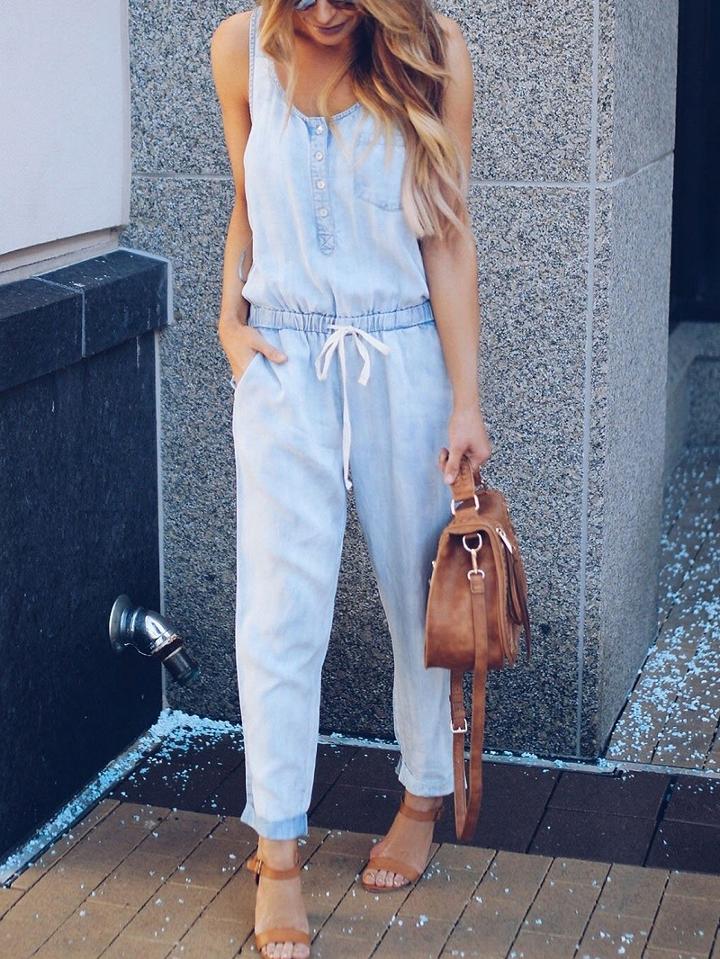 Choies Light Blue Button Placket Front Sleeveless Chic Women Jumpsuit