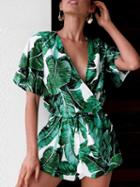 Choies Green V-neck Leaf Print Drawstring Waist Romper Playsuit