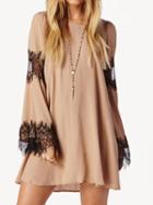 Choies Light Khaki Lace Panel Flare Sleeve Draped Back Dress