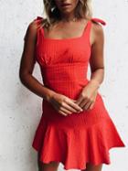 Choies Red Tie Shoulder Ruffle Trim Open Back Mini Dress