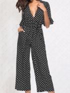 Choies Black Plunge Polka Dot Print Ruffle Trim Chic Women Jumpsuit