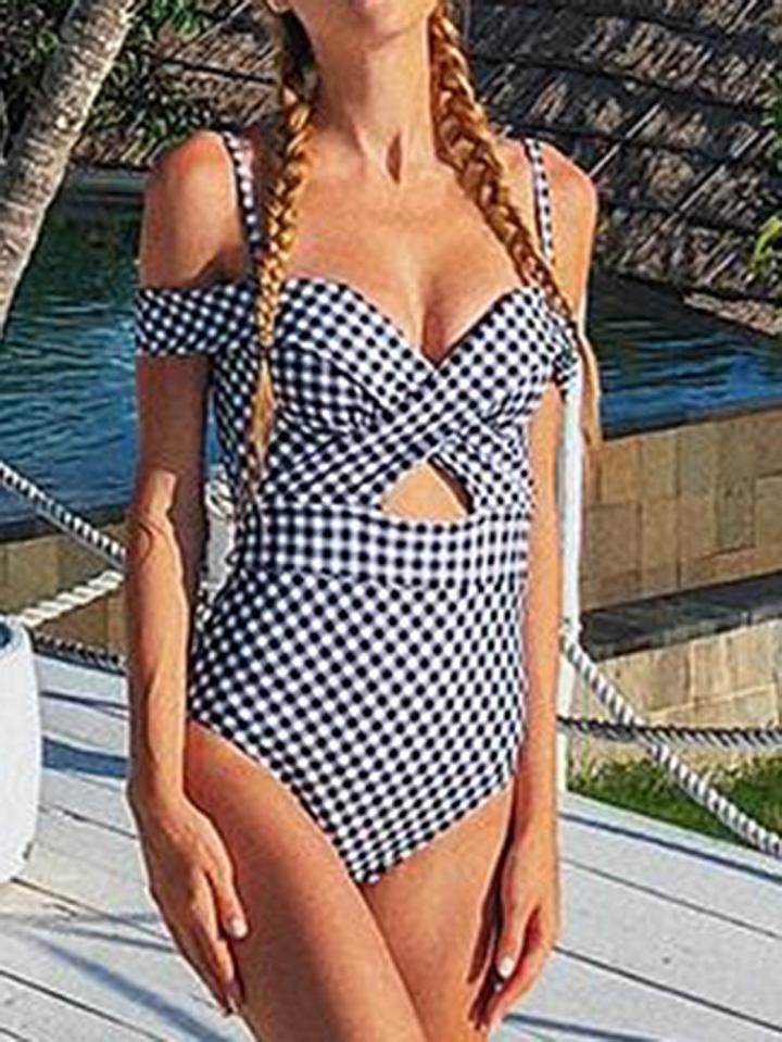Choies Black Plaid Nylon V-neck Open Back Chic Women Swimsuit