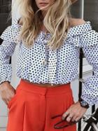 Choies White Off Shoulder Polka Dot Bow Tie Front Ruffle Trim Blouse