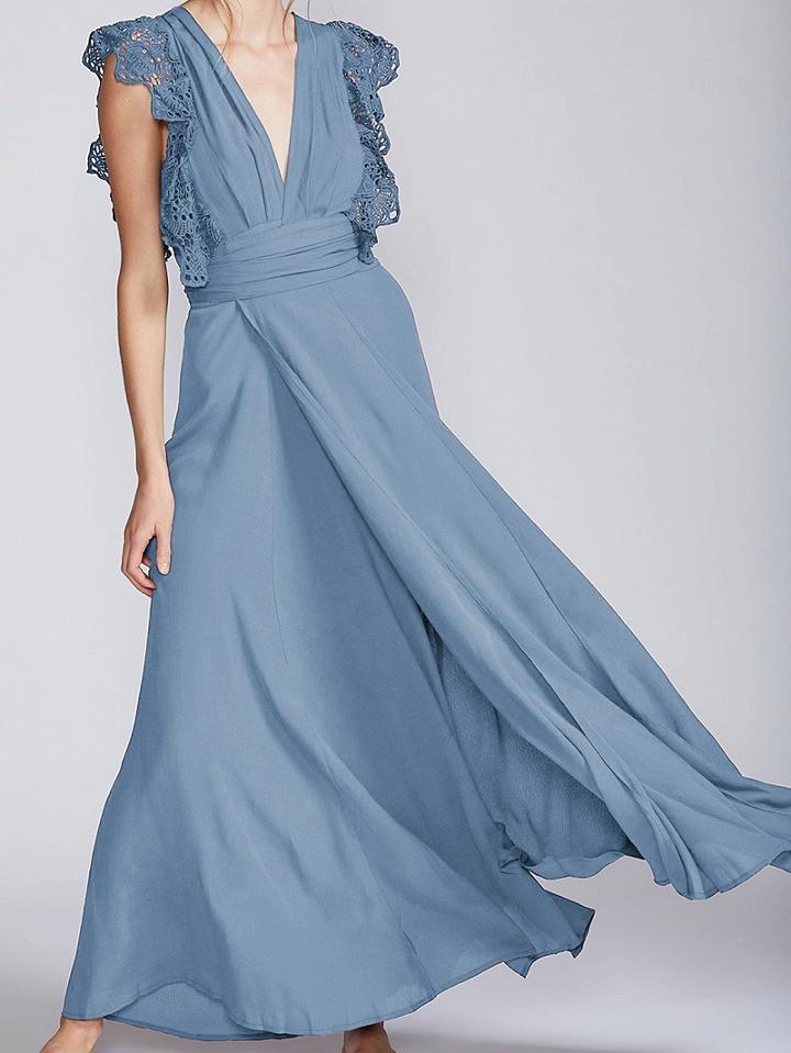 Choies Light Blue Chiffon V-neck Lace Panel Tie Waist Chic Women Maxi Dress