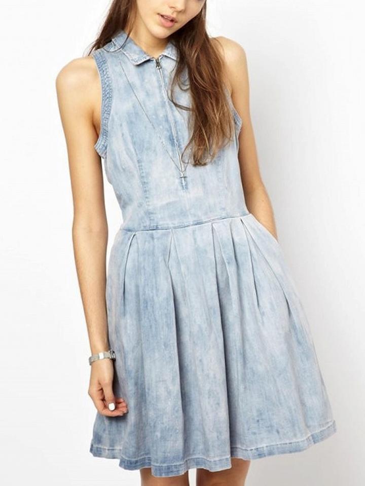 Choies Light Blue Zip Front Denim Mini Dress