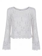 Choies White Scallop Trims Flare Sleeve Cropped Lace Blouse