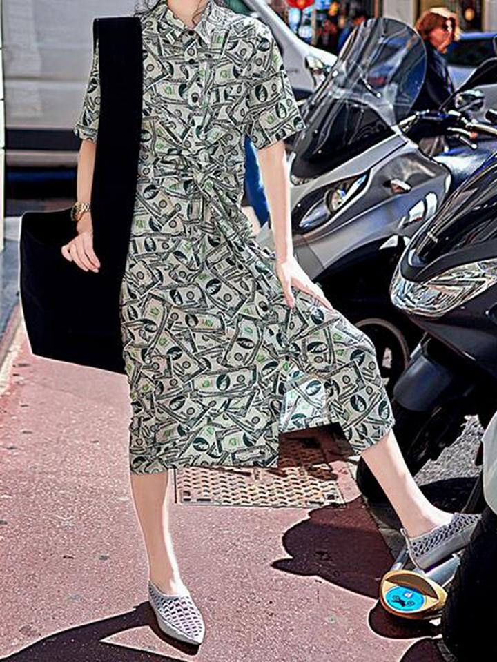 Choies Green Shirt Collar Dollar Print Knot Front Vintage Women Midi Dress