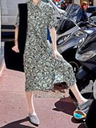 Choies Green Shirt Collar Dollar Print Knot Front Vintage Women Midi Dress