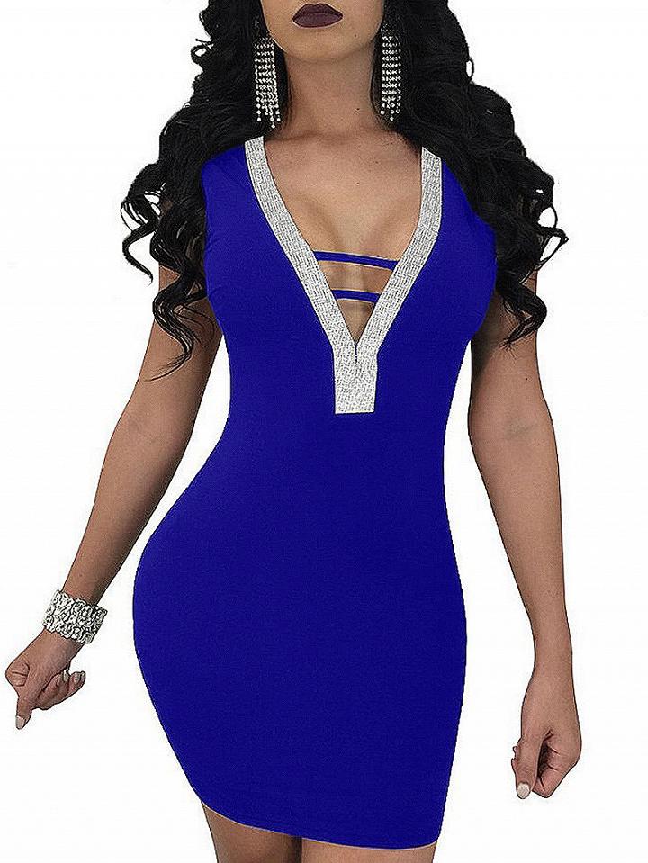 Choies Blue Plunge Neck Strappy Detail Backless Bodycon Mini Dress