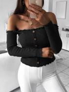 Choies Black Ribbed Off Shoulder Button Placket Front Long Sleeve Sweater