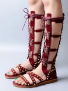 Choies Burgundy Stud Detail Flat Gladiator Knee High Tie Up Sandals