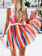 Choies Polychrome Stripe Plunge Open Back Chic Women Cami Mini Dress