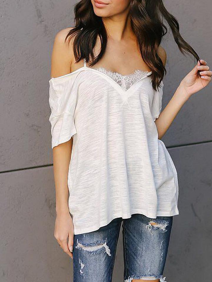 Choies White Spaghetti Strap Cold Shoulder Lace Panel Blouse