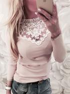 Choies Pink Lace Panel Long Sleeve Blouse