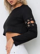 Choies Black Eyelet Lace Up Detail Crop Sweatshirt