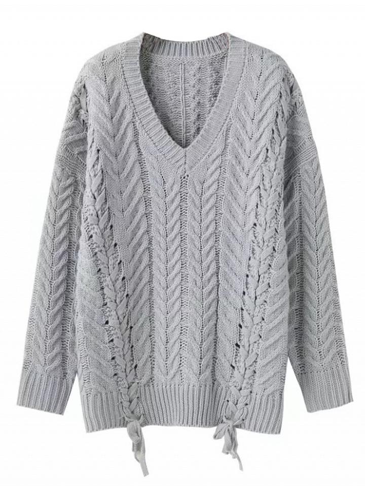 Choies Gray V-neck Lace Up Side Cable Knit Sweater