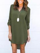 Choies Green V-neck Roll-up Sleeve Dipped Hem Dress