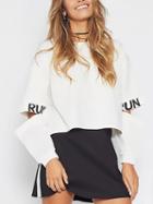 Choies White Printed And Slit Sleeve Crop Sweatshirt