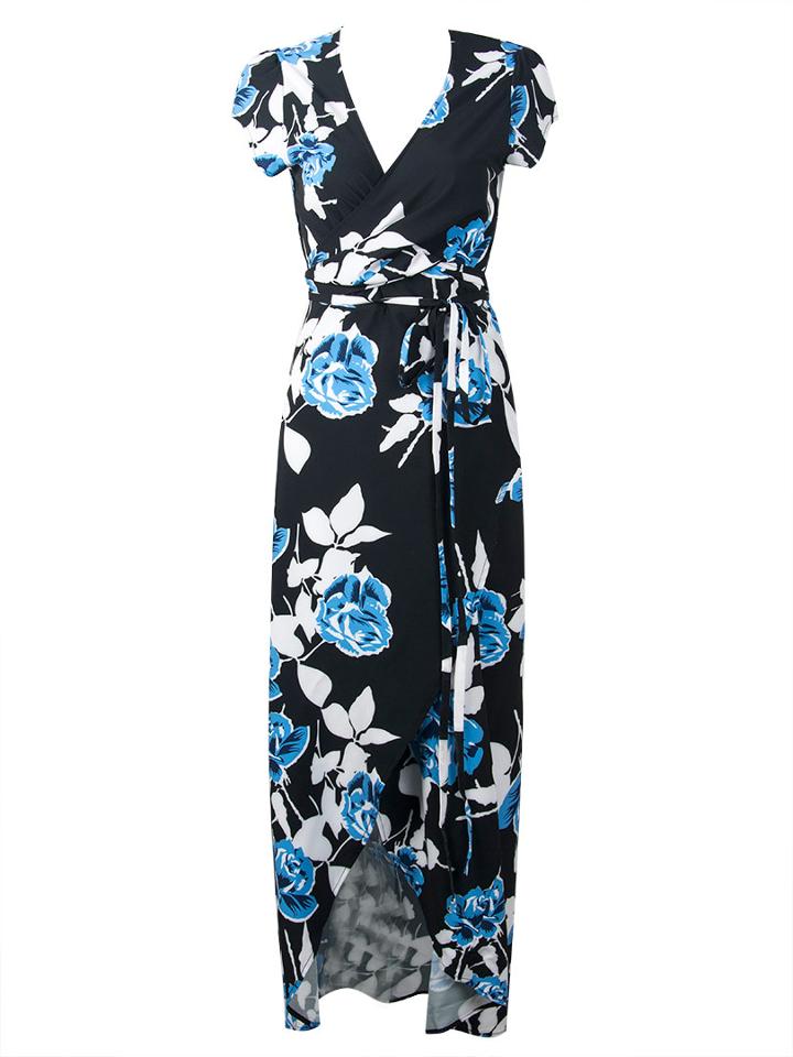 Choies Black V-neck Rose Print Cap Sleeve Wrap Front Maxi Dress
