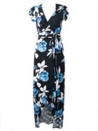 Choies Black V-neck Rose Print Cap Sleeve Wrap Front Maxi Dress