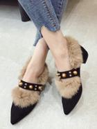 Choies Black Studs Detail Pointed Toe Women Faux Fur Mid Heeled Shoes