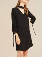 Choies Black Plunge Choker Neck Drawstring 3/4 Sleeve Dress
