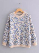 Choies Blue Crew Neck Leopard Print Long Sleeve Women Sweater
