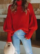 Choies Red High Neck Puff Sleeve Chic Women Knit Sweater