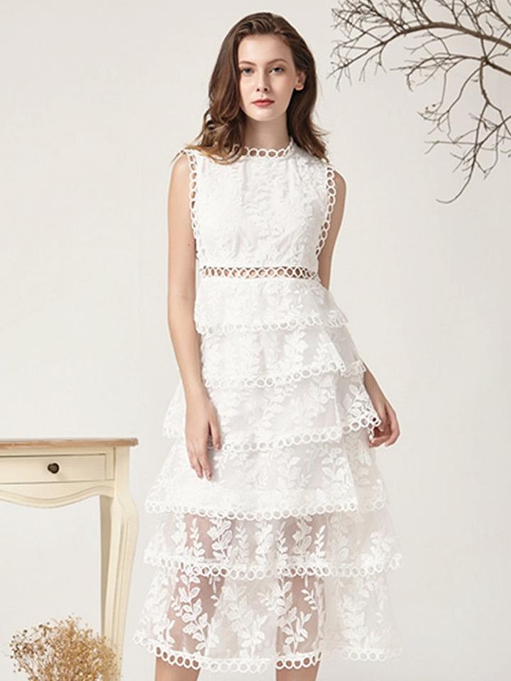 Choies White Multi Layered Organza Lace Sleeveless Maxi Dress