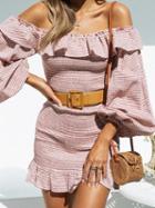 Choies Pink Stripe Off Shoulder Ruffle Trim Puff Sleeve Chic Women Mini Dress