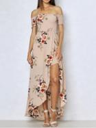 Choies Khaki Stretch Off Shoulder Floral Print Hi-lo Dress