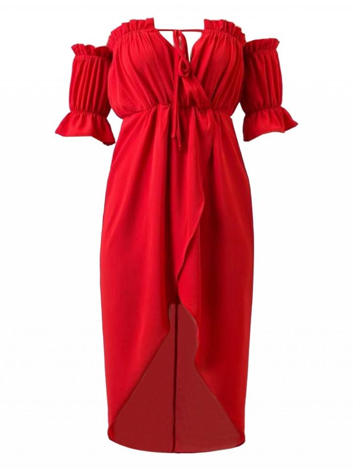 Choies Red Off Shoulder Wrap Asymmetric Hem Chiffon Dress